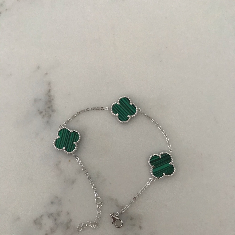 925 Sterling Silver clover green malachite bracelet plated 14k